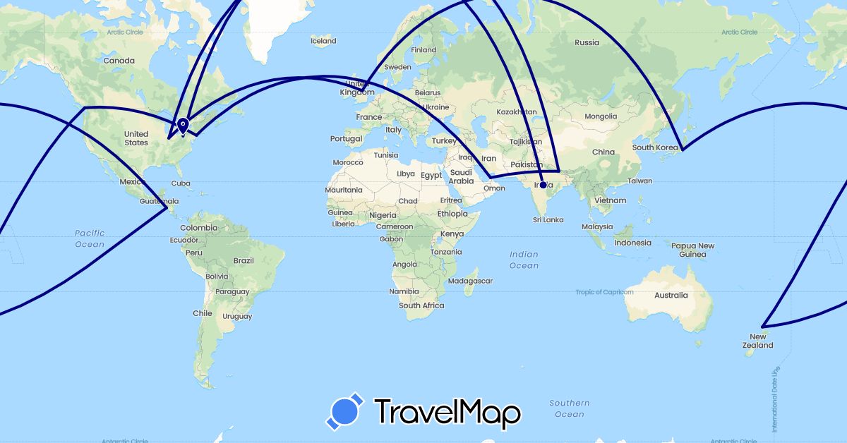 TravelMap itinerary: driving in United Arab Emirates, Canada, United Kingdom, India, Japan, Nicaragua, Nepal, New Zealand, United States (Asia, Europe, North America, Oceania)
